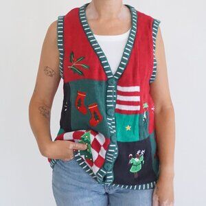 Vintage Holiday Edition Red Green Christmas Patchwork Tree Stocking Vest M